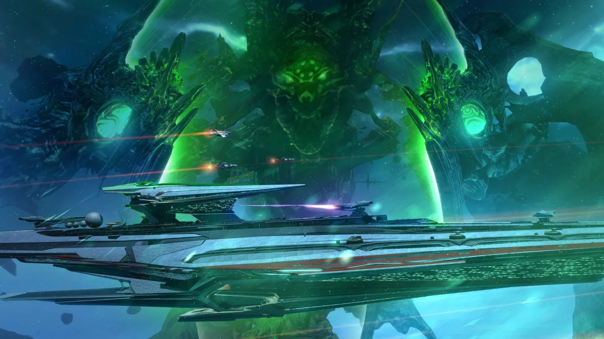 Star Conflict fleet approaching a glowing green alien structure.