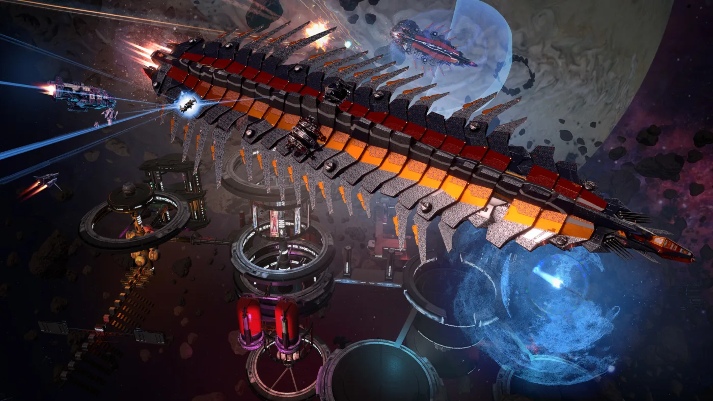 Huge orange-and-black capital ship above a station in Star Conflict.