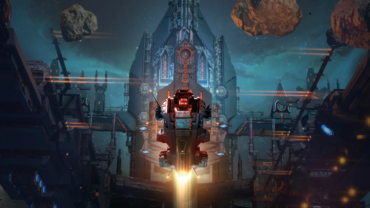 Star Conflict ship launching from a hangar structure.